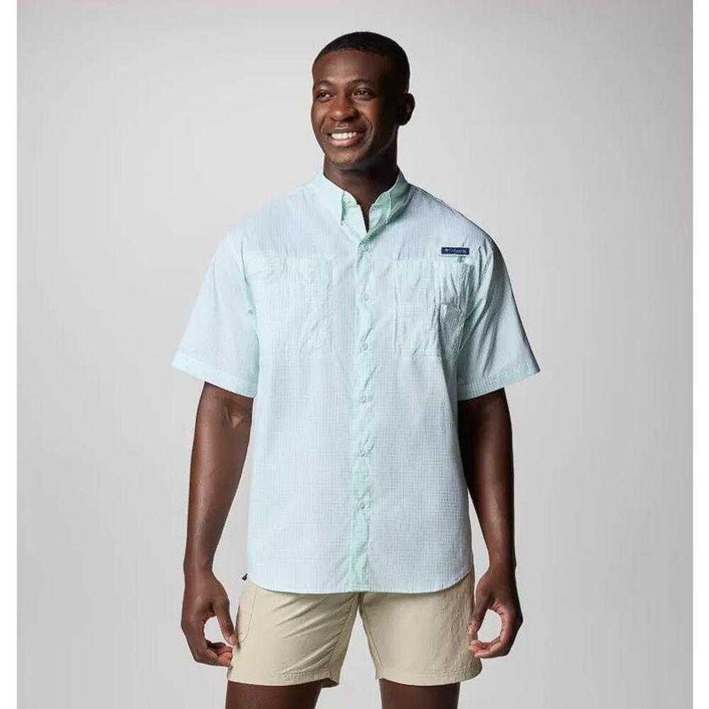 COLUMBIA Men’s PFG Super Tamiami Short Sleeve Shirt In Glaze Green Multi Gingham